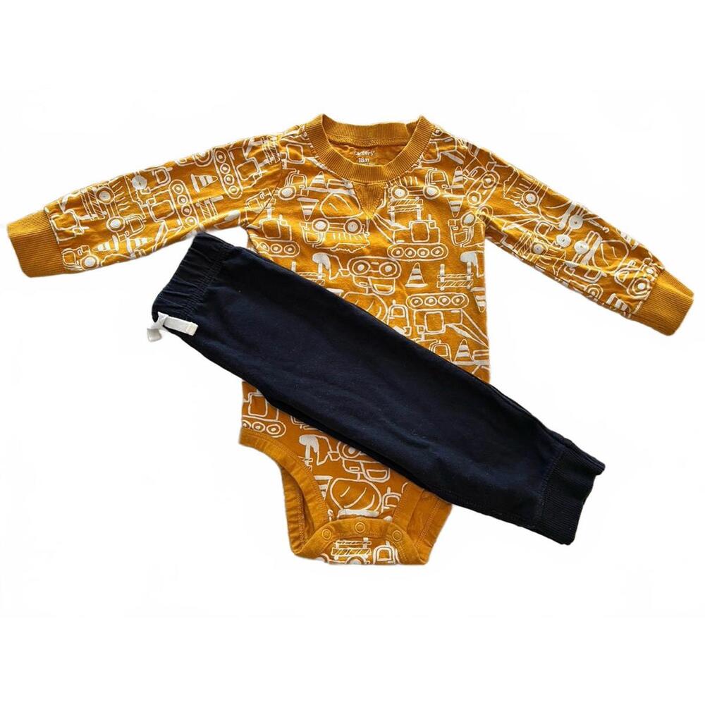 Carter’s Boy (18m) Long Sleeve Onesie Outfit Yellow Construction Theme + Pants